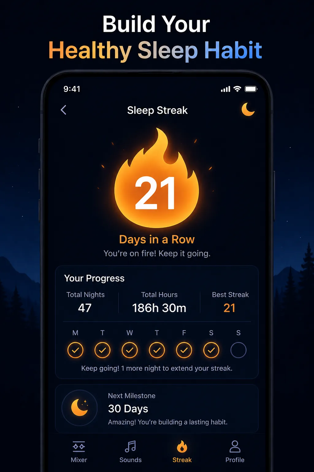 Sleep Sounds streak tracker showing nights logged and current streak